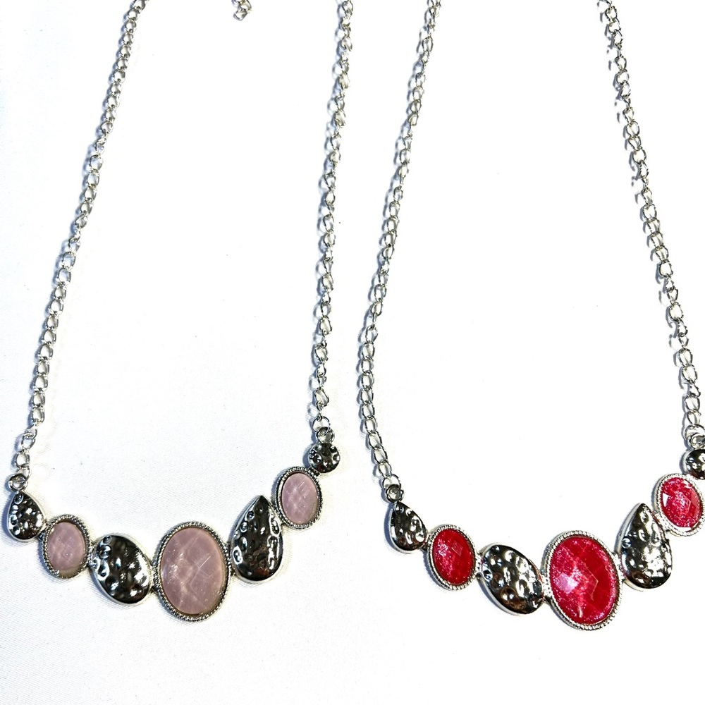 Set of 2 Silver Chic Red and Pink Necklace Set